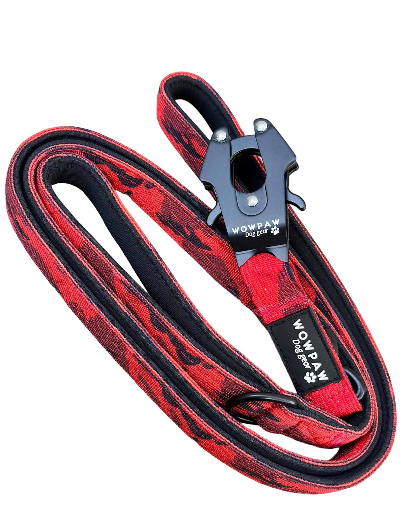 Smycz taktyczna dla psa z karabińczykiem żabkowym, obrotowa o 360°, długość 1,8m, kamuflaż czerwony